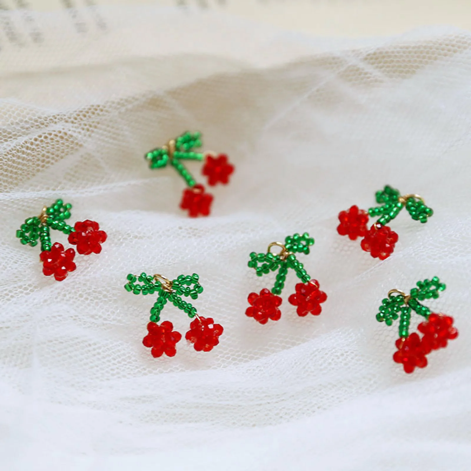 Fashion Glass Crochet Knitted Cherry Earrings Charms Red Green Alloy Weaving Fruit Pendant Jewelry DIY Findings 16mm x 15mm,2PCs