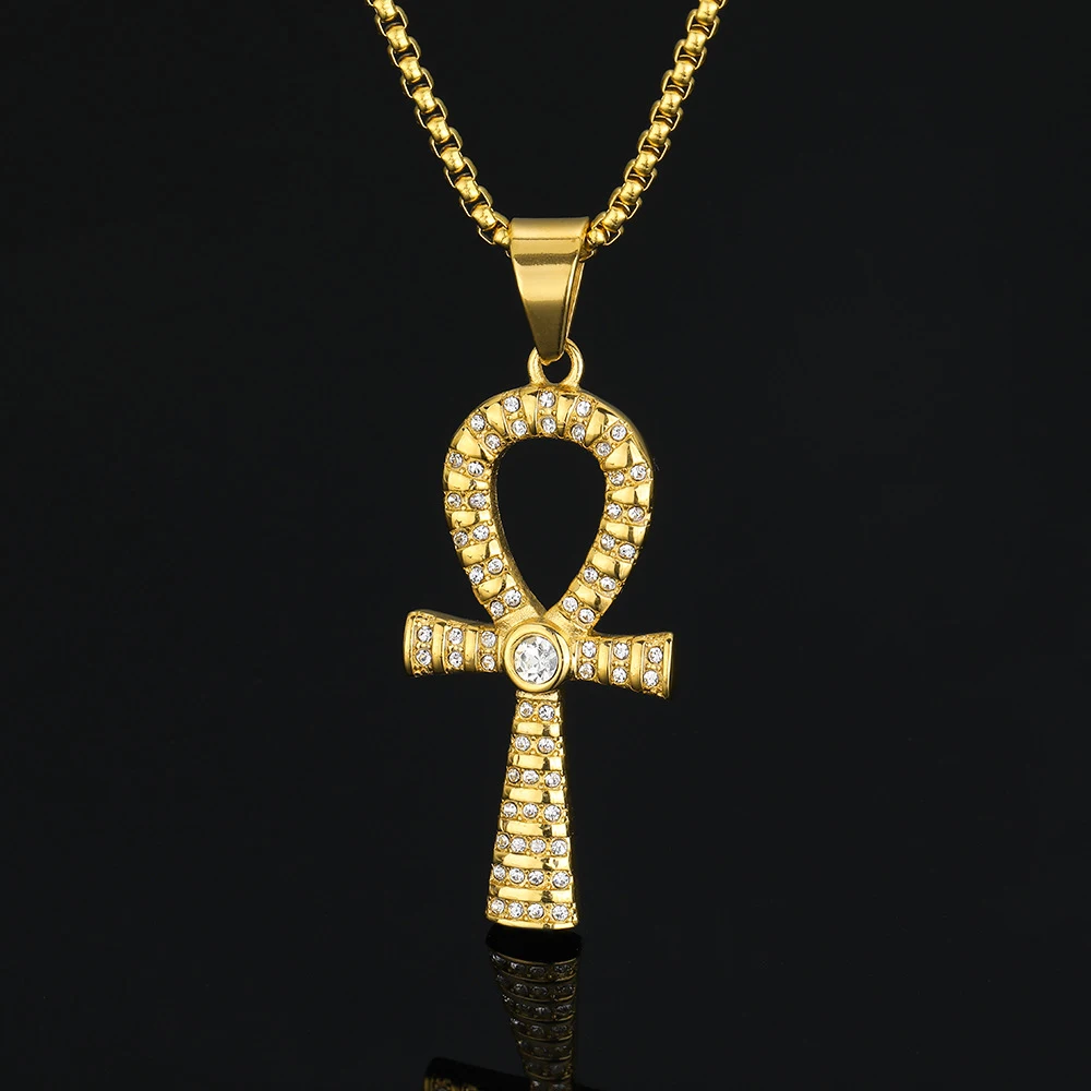Egypt Iced Out Bling CZ Ankh Cross Pendant Man Gold Color Stainless Steel Zirconia Amulet Necklace For Woman Fashion Jewelry