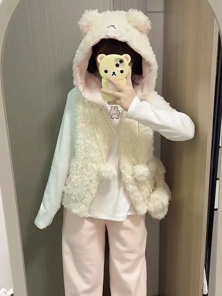 الكرتون Rilakkumas الدب سترة معطف Korilakkuma الدب مقنعين صدرية الفتيات النساء شتاء دافئ أفخم رقيق أكمام ملابس خارجية #3