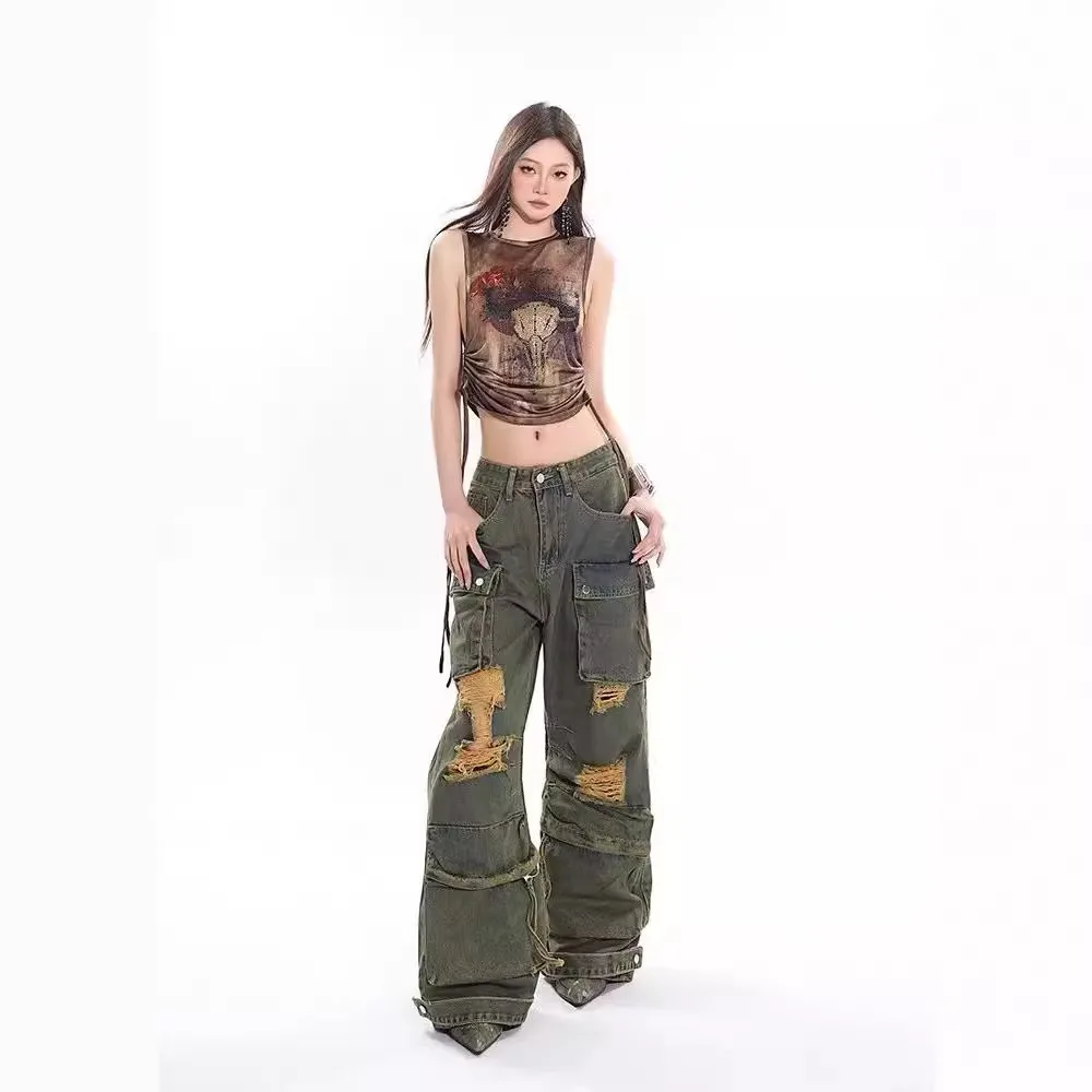 Jeans cargo Dystopian: calças largas destruídas plus size para mulheres, ajuste folgado e emagrecedor