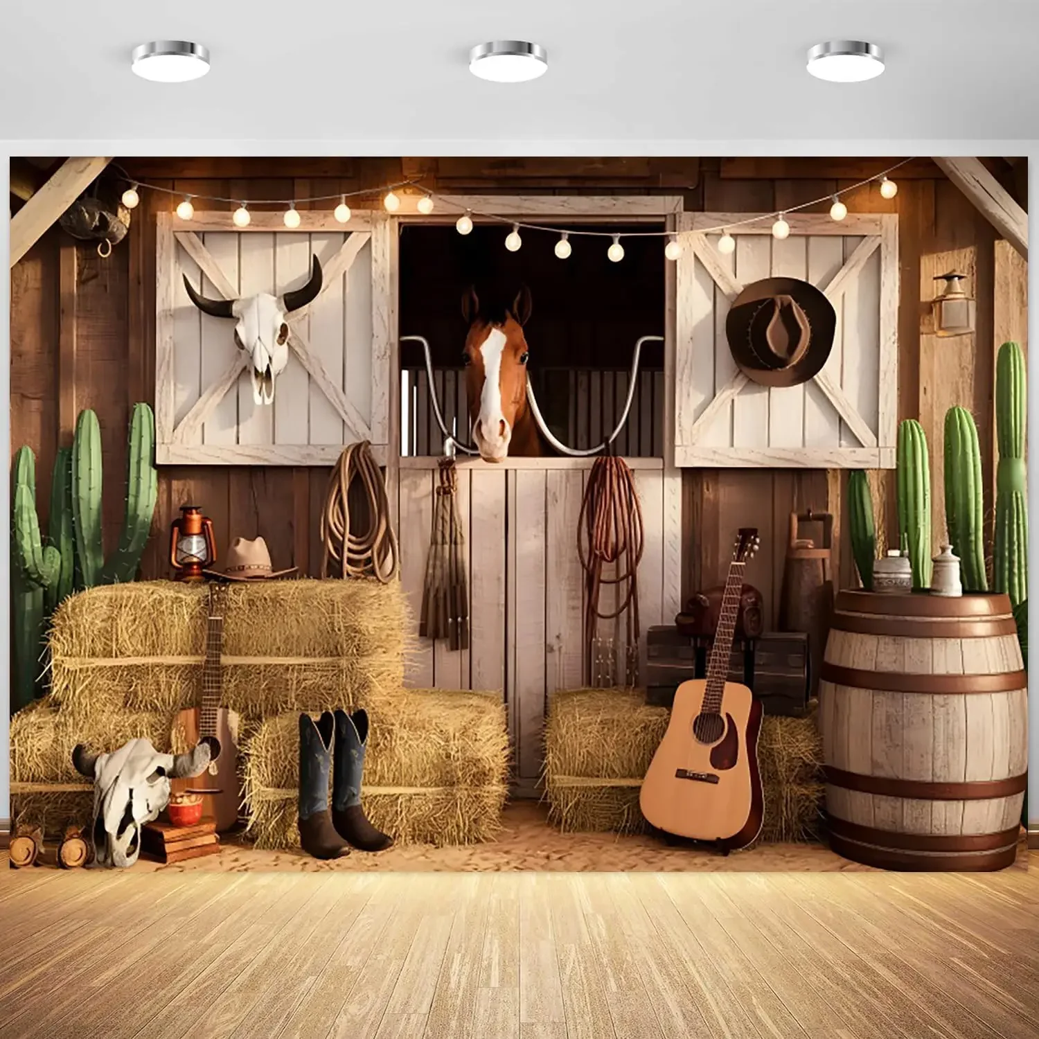 Western Cowboy Backdrop Wild West Rodeo Party Rustic Barn Door Horse cactus music photo background photography backdrop