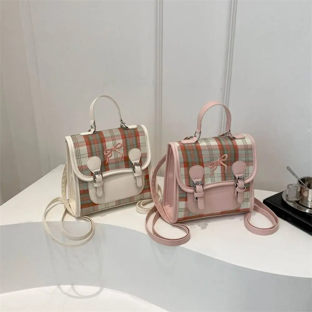 Simple PU College Style Backpack Handbag Shoulder Bag Teens School Bag Plaid Grid Bow Backpack Gift