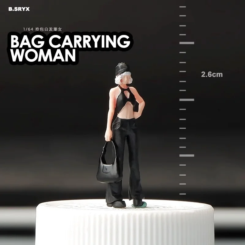 

1:64 Scale Model 1Pcs Miniature Resin Bag Carrying Women White Hair Fashion Girl Action Figure Doll DIY Scene Accessory Display