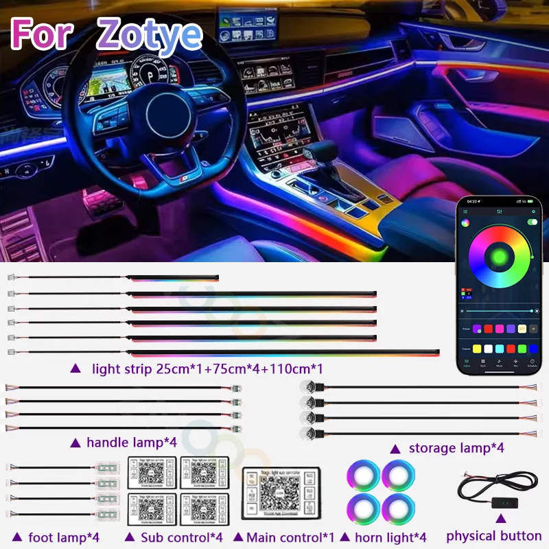 

RGB 22in1 Car Interior Acrylic Car Ambient Lights For Zotye t600 t700 z100 z200 z300 z360 z500 Car Accessories