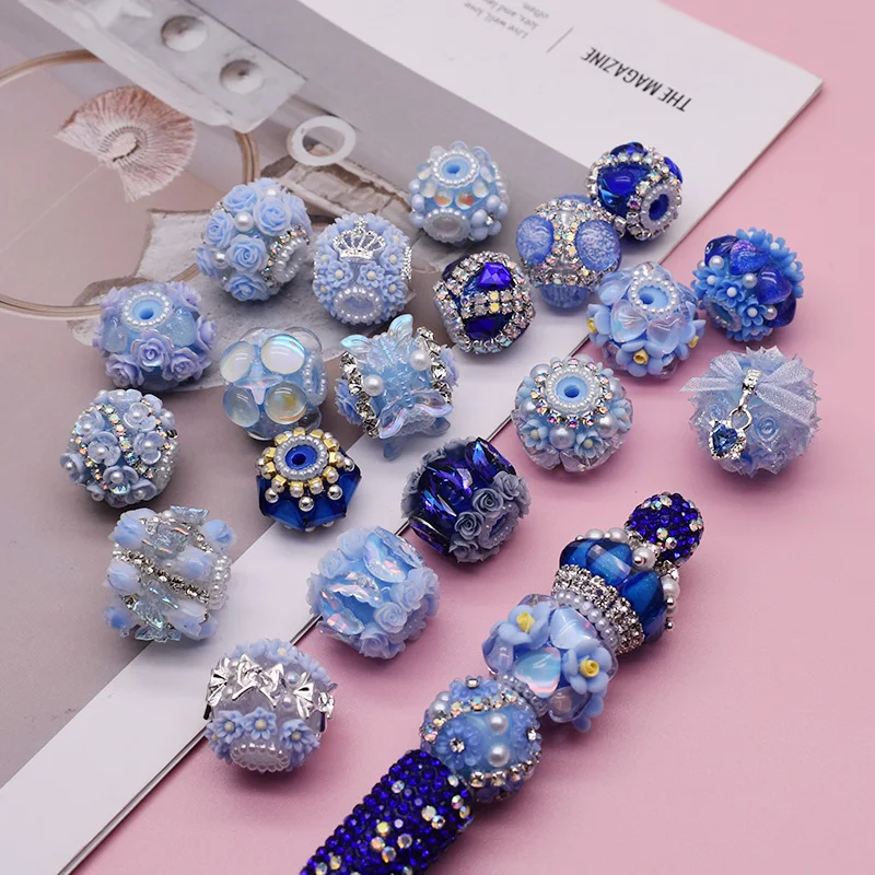 Handmade Acrylic Beads for Jewelry Making, Blue Flower Pen Beads, DIY Bead Pen, Keychains, Phone Chain, New Color, 3Pcs, 18-25mm