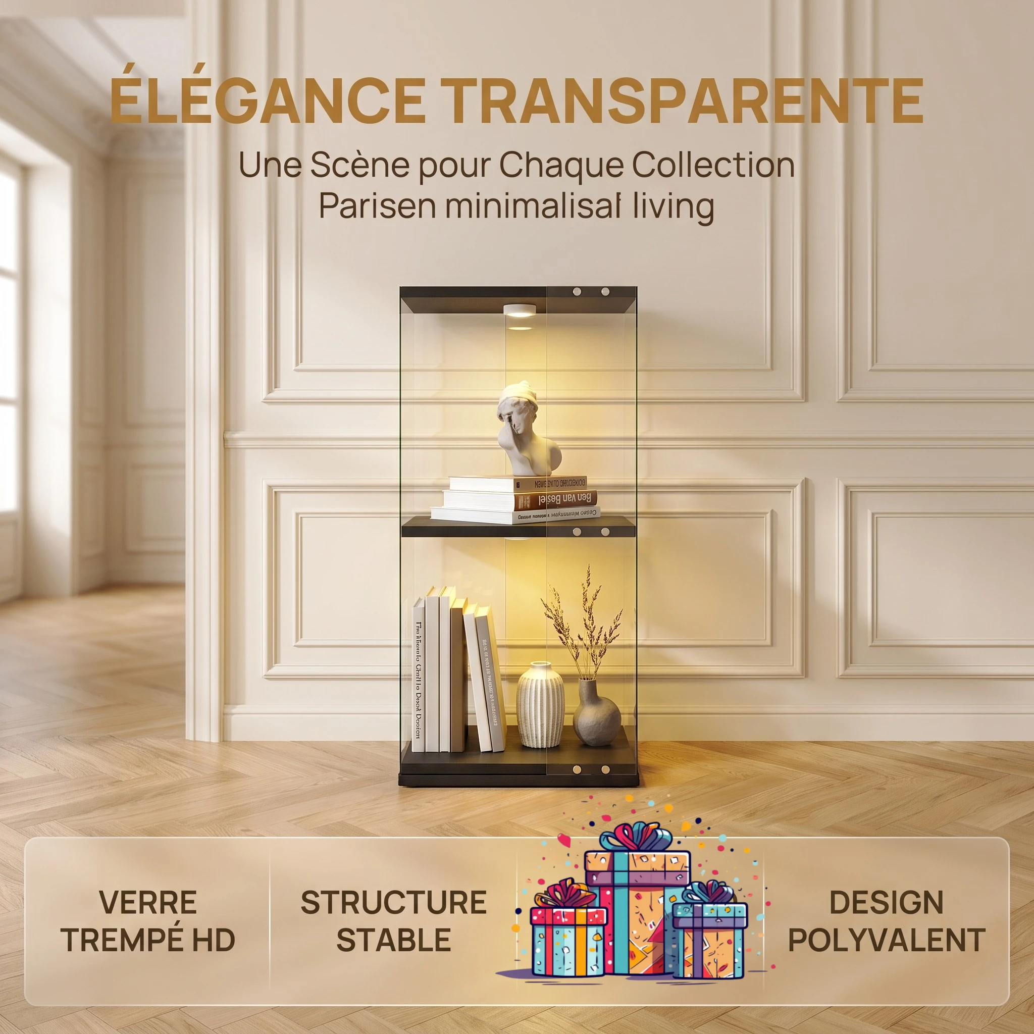Superaly 82×38×38 cm 2-stöckige Glasvitrine, Drehbarer Weinschrank, Moderne Standvitrine für Sammlerstücke, Bücher, Wein, 2 Glasregale und 1 abschließbare Tür, Schwarz