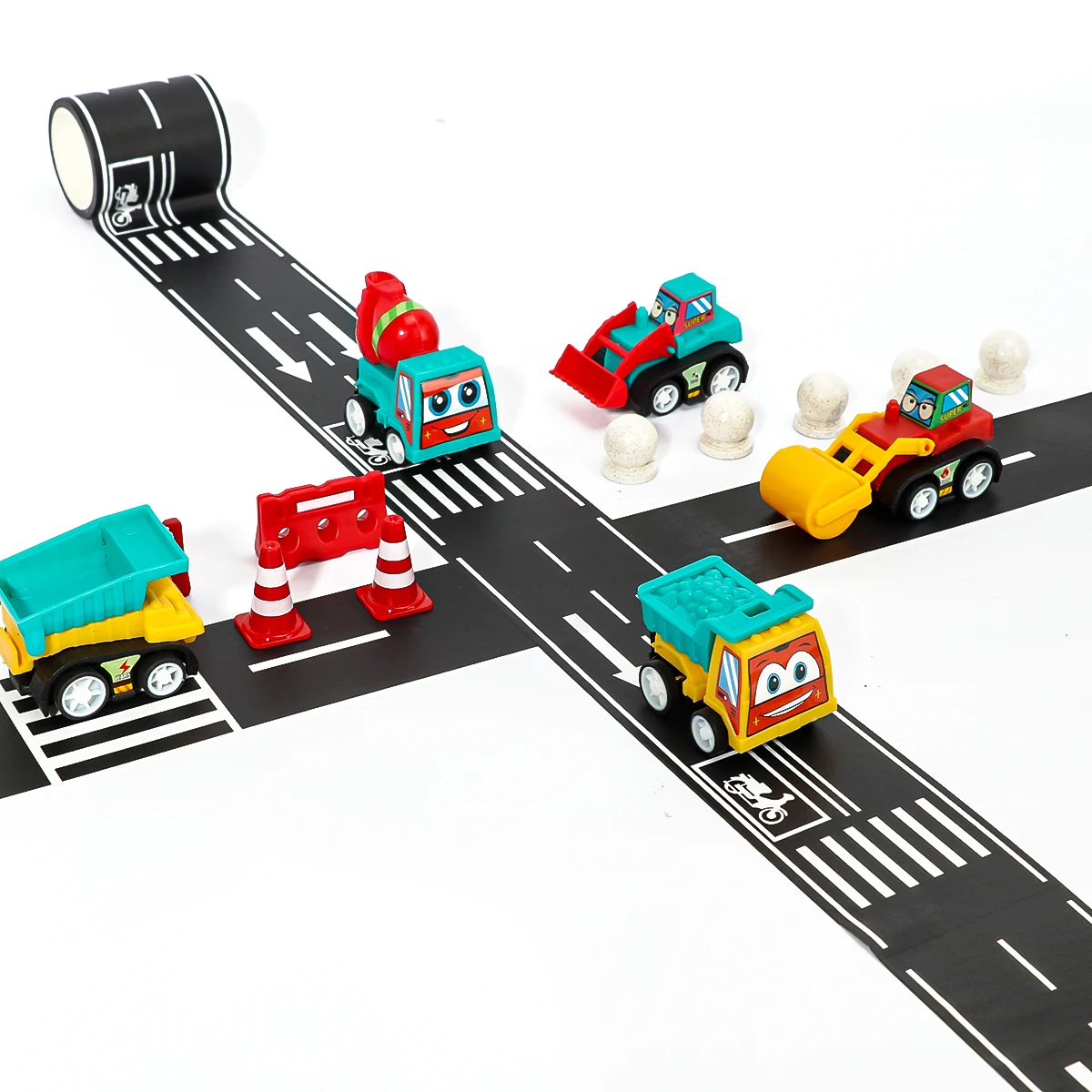 15Pcs Mini Inertial Pull Back Engineering Car Set with Road Tape & Barriers - Kids Cartoon Educational Craft Toys Birthday Gift