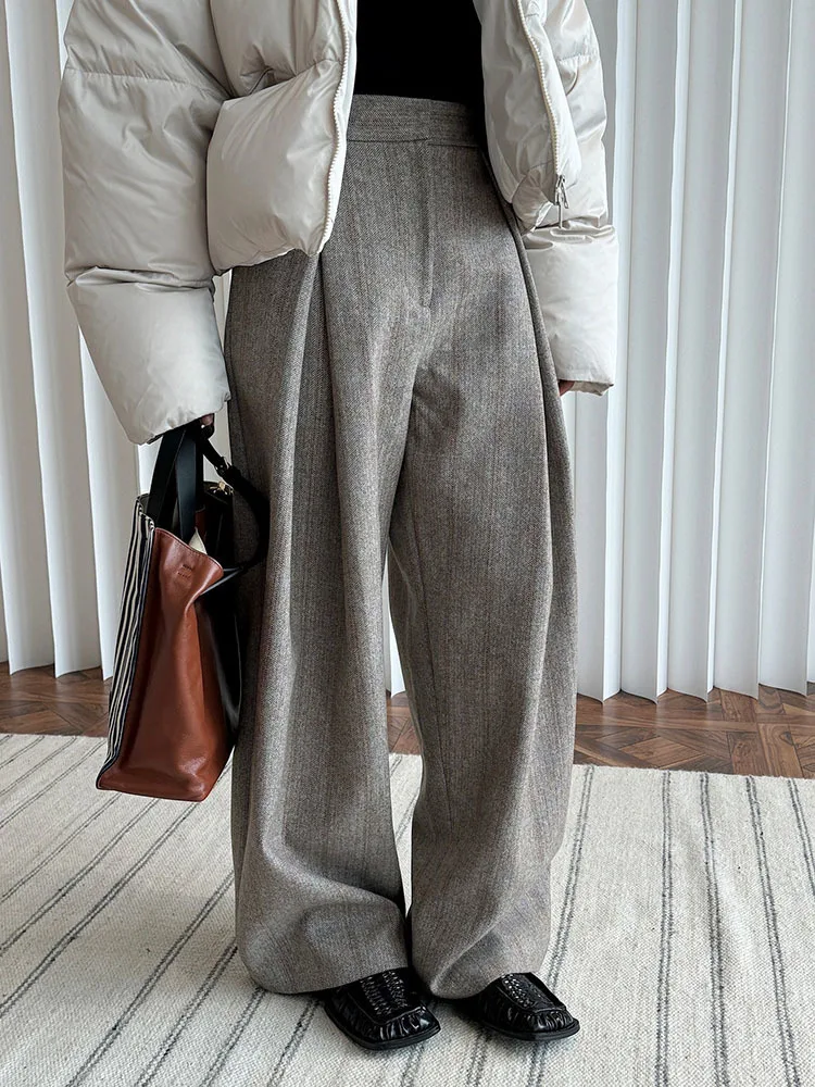 FANAN Vintage Striped Contrast Color Pants For Women High Waist Pleated Loose Wide Leg Trousers Wool Clothing 2025 Spring New