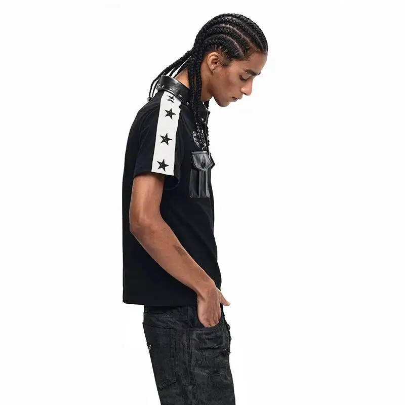 LUZHEN 2026 Color Contrast Leather Pockets Decorate Short Sleeve T-shirts Pullover Men's Fashion Summer Slim Male Clothes JY6550