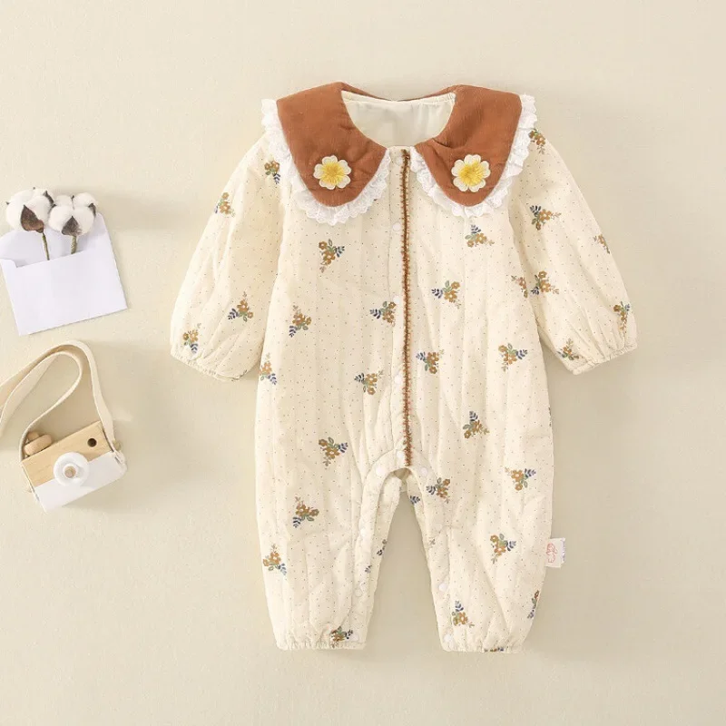 2024 Autumn Baby Clothes Add Silk Wadding Infant Girls Rompers Cute Toddler Floral Dot Doll Collar Warm Princess Jumpsuit