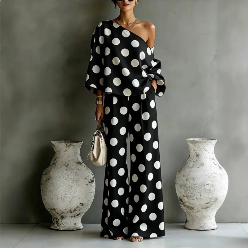 Women's Polka Dot 2 Piece Outfit One Shoulder Blouse And Wide Leg Pants Set Casual Loose Summer Party Tracksuit Elegant New 2026 view 2