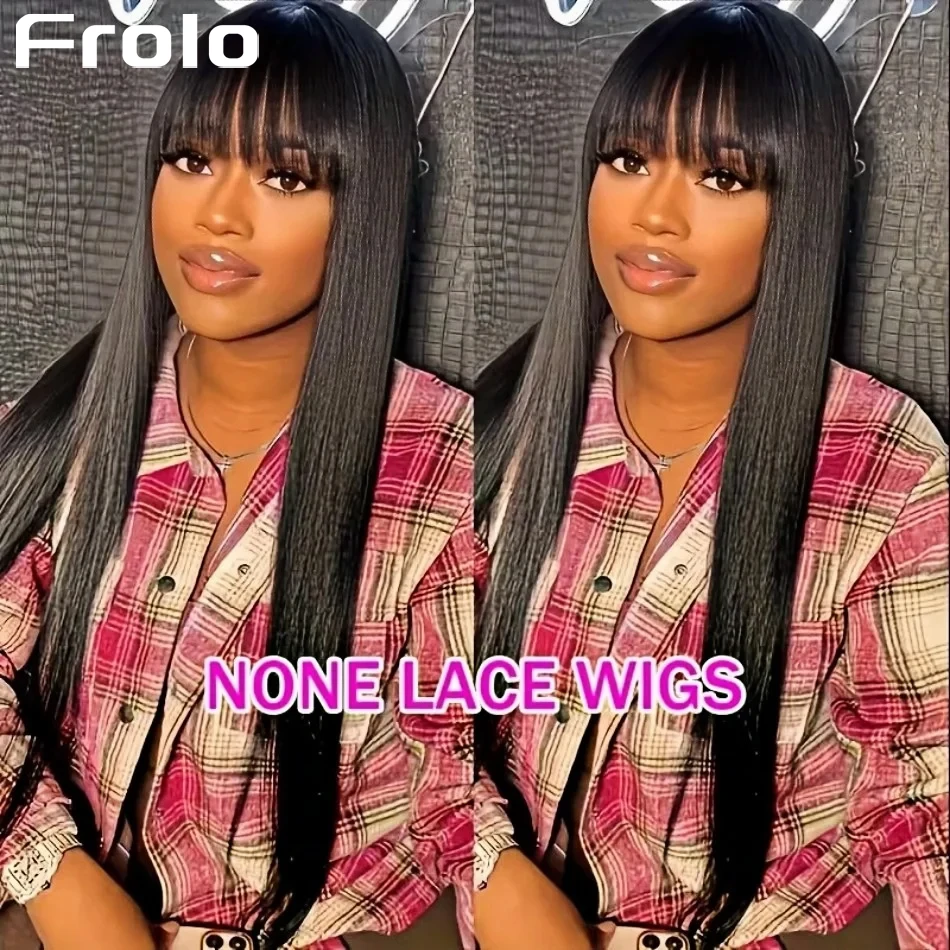 

Bone Straight Human Hair Wig With Bangs Glueless Wigs Full Machine Wig 220 Density 3x1 HD Lace Frontal Wigs For Women 30 34 Inch
