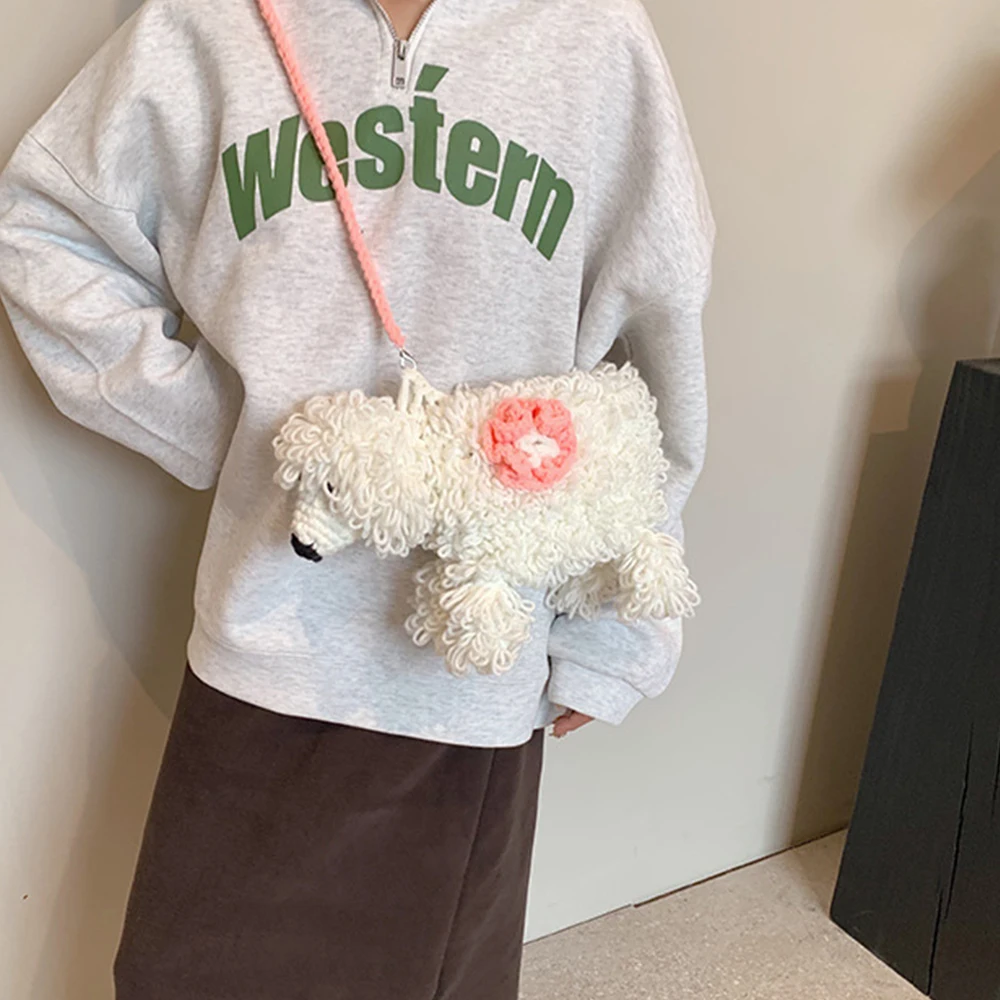 لطيف الكلب تصميم حقيبة كتف اليدوية جرو حقائب منسوجة للنساء مضحك المحافظ للفتيات حقائب اليد الكروشيه الحياكة المرأة حقيبة جديدة #4