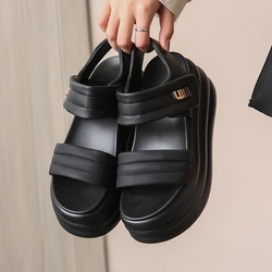 New Summer Women Chunky Sandals Leather High Platform Trainers Breathable Casual Slippers Shoes Woman 7CM Heels Wedge Sneakers