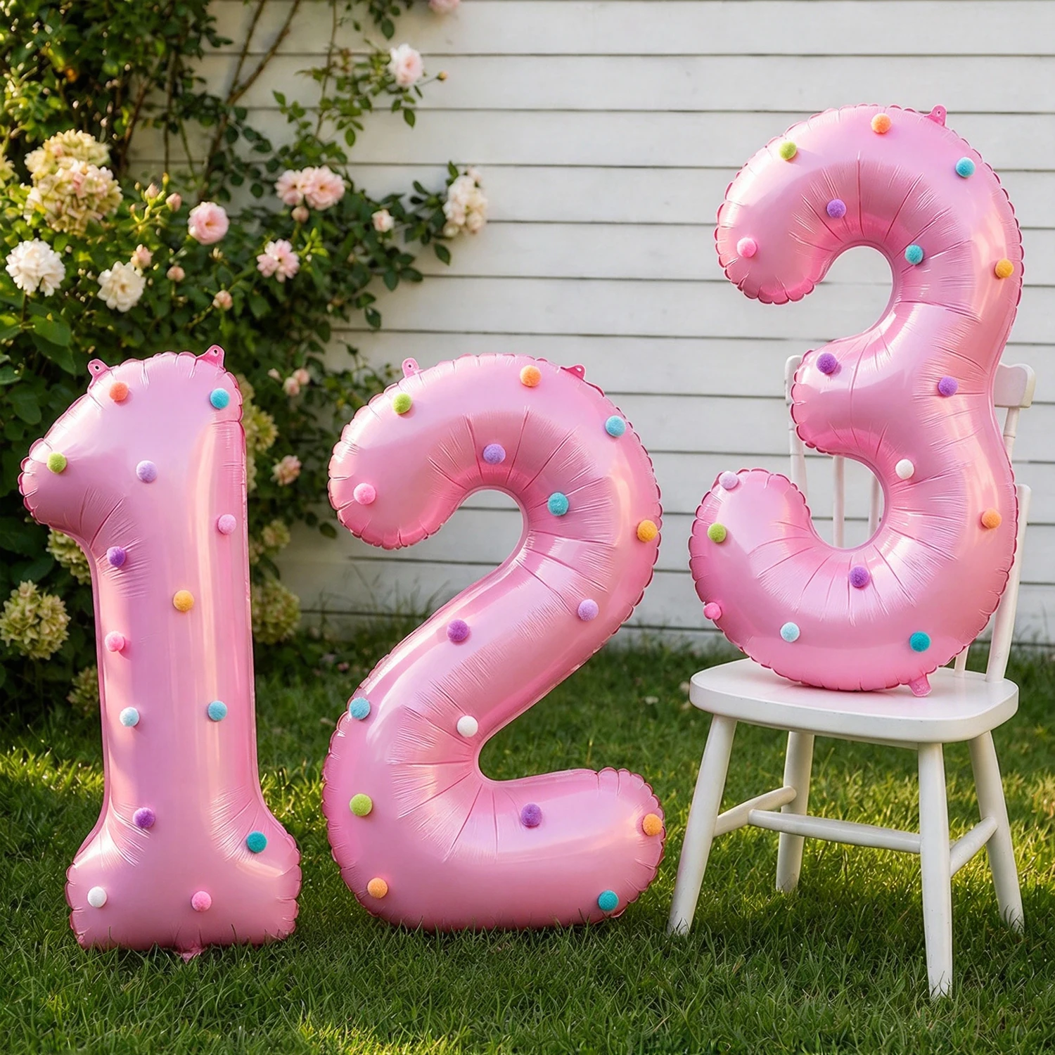 1 set of 32-inch pink digital foil balloons with colorful pompoms for decoration, suitable for birthday parties, baby showers