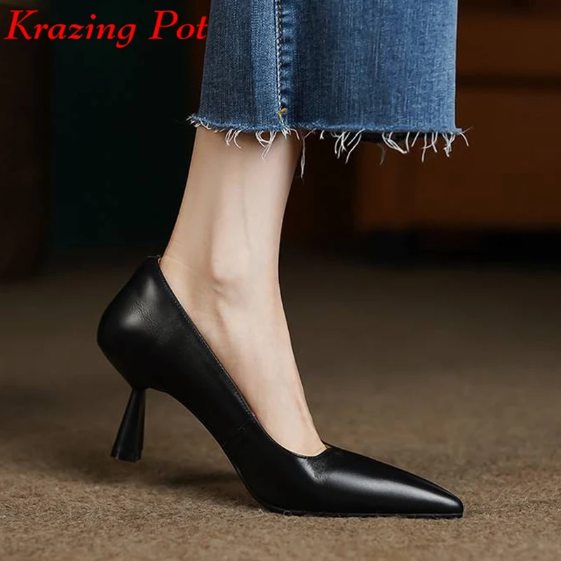 Krazing Pot New Genuine Leather Pointed Toe Thick High Heels Spring Shoes Grace Wedding Mature Shallow Slip on Comfortable Pumps