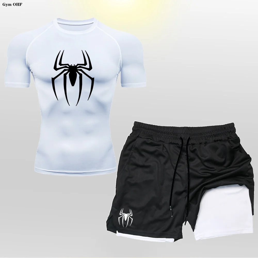 Spider Set Men Compression T Shirt Shorts 2 in 1 Double-Deck Fitness Sports Suits Men Clothing Gym Short Sleeve Top Pant Running