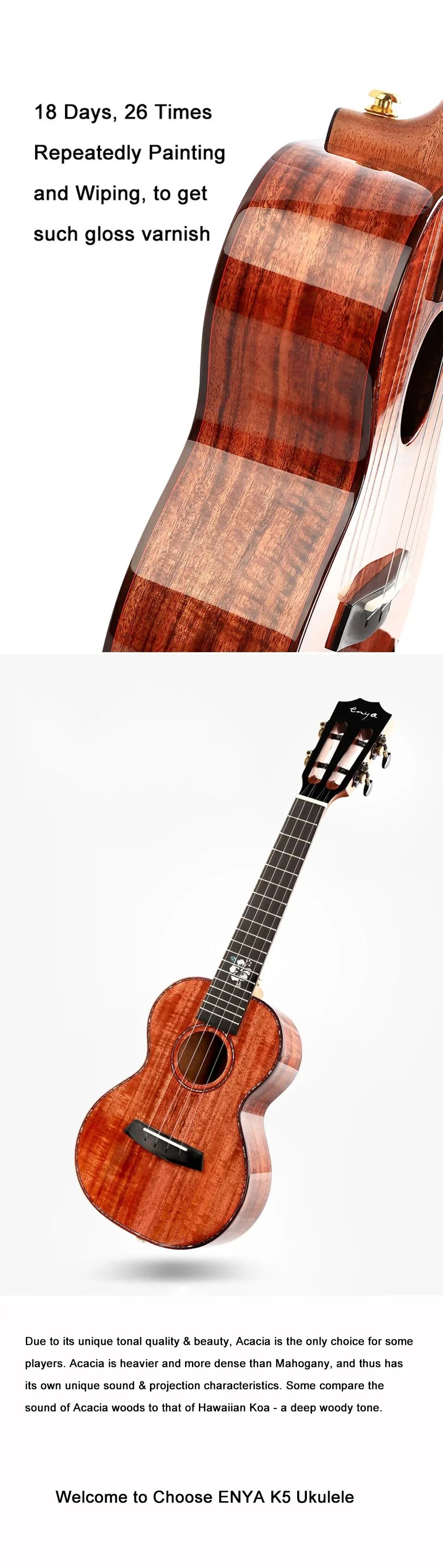 Enya EUT-K5 26 Inch Acacia Ukulele Concert Tenor All Solid Gloss Hawaii for Professional Player Gig Bag Strap Mini Uku Ukulele