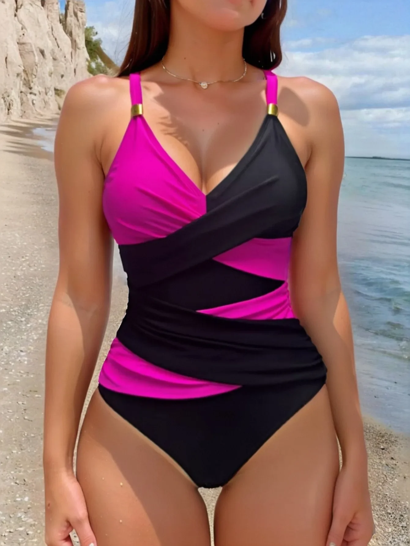 

2025 Women's Color-Block One-Piece Bikini Push-Up Crisscross Design Summer Holiday Beach Colorblock Strap Swimwear Bodysuit Ropa