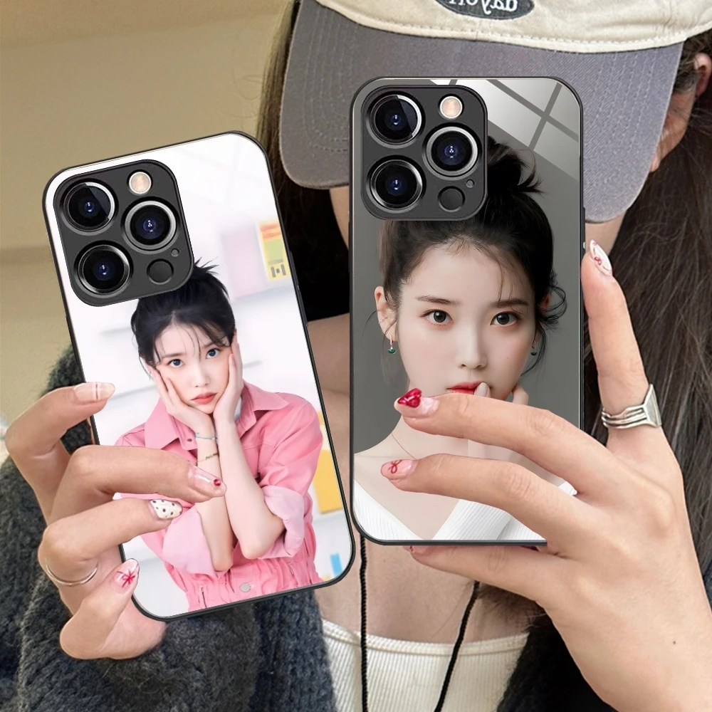 KPOP IU Lee JiEun Mobile Cell Phone Case for iPhone 15 14 13 12 11 X XR XS 8 Pro Max Plus Mini PC Glass Phone Cover Shell