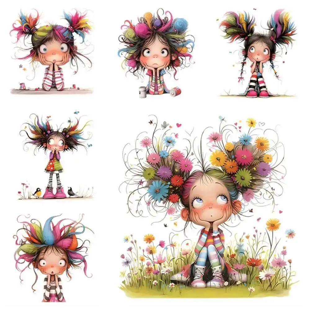 Cute Quirky Girl Heat Transfer Patches for Clothing DIY A-Level Washable T-Shirts Iron-on Thermal Stickers Doll Patches Applique