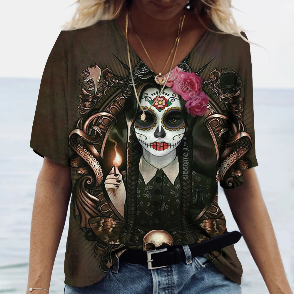 Fashion Woman Blouses 2024 T-shirt Women\'s 3d Clown Print Color Skull V-neck T Shirt Female Clothing Oversized Summer Tops Tees