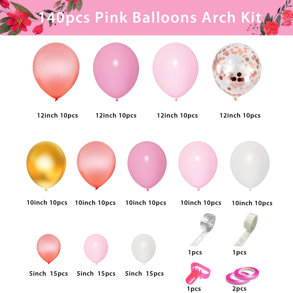 140Pcs Rose Gold Light Pink Confetti Balloons Garland Arch Kit Women Girls Birthday Baby Shower Party Wedding Decorations