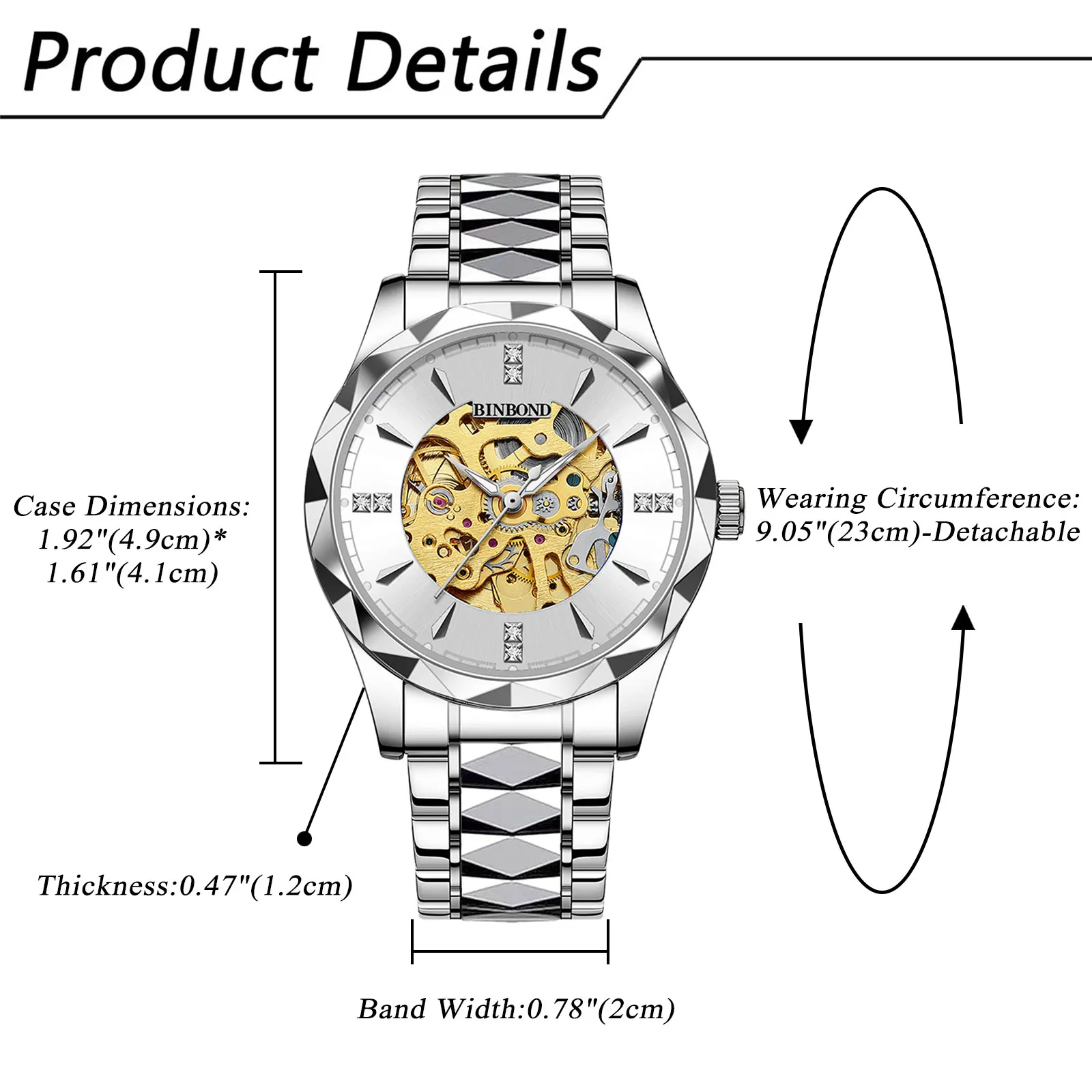 นาฬิกาผู้ชายธุรกิจแฟชั่นสายสแตนเลสหน้าปัดนาฬิกากลไกอัตโนมัติติดเพชรเรืองแสง