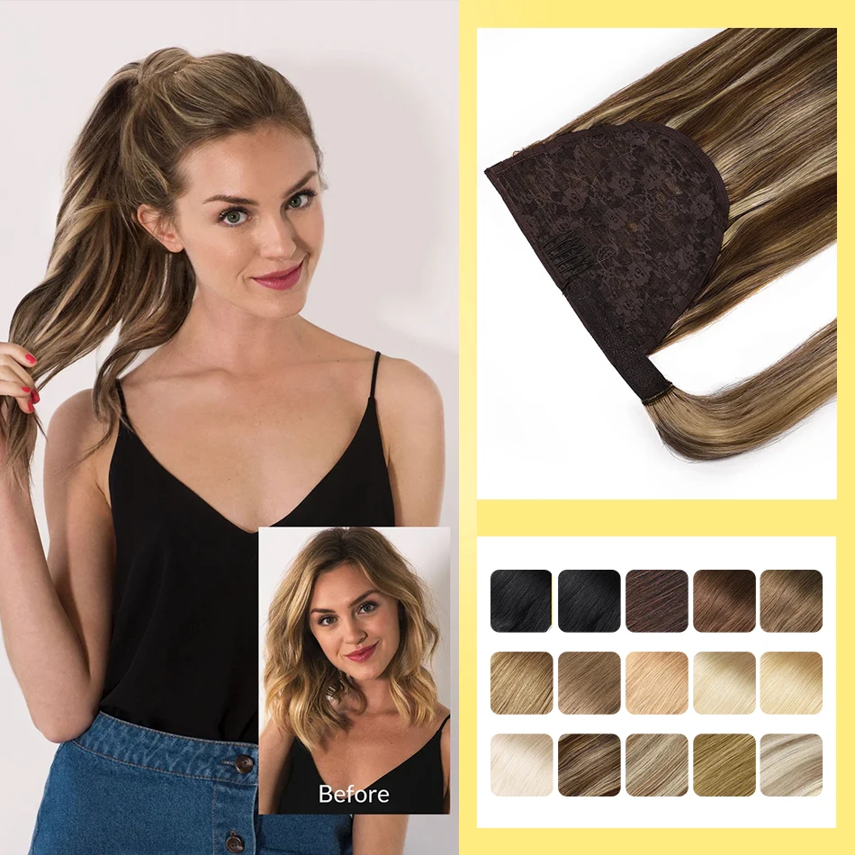 Yelo Ponytail Human Hair Wrap Around Brazilian Straight Ponytail 100% Remy Human Hair MagicTie Ponytail Extension Clip Horsetail