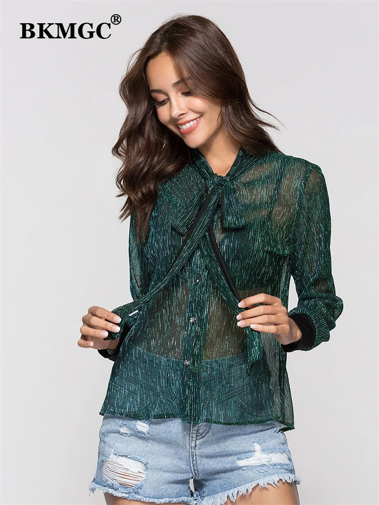 

BKMGC Half Transparent See Through Sexy Women Chiffon Long Sleeves Tie Bow Neckline Collar Bright Silk Thin Green Blouse Tops