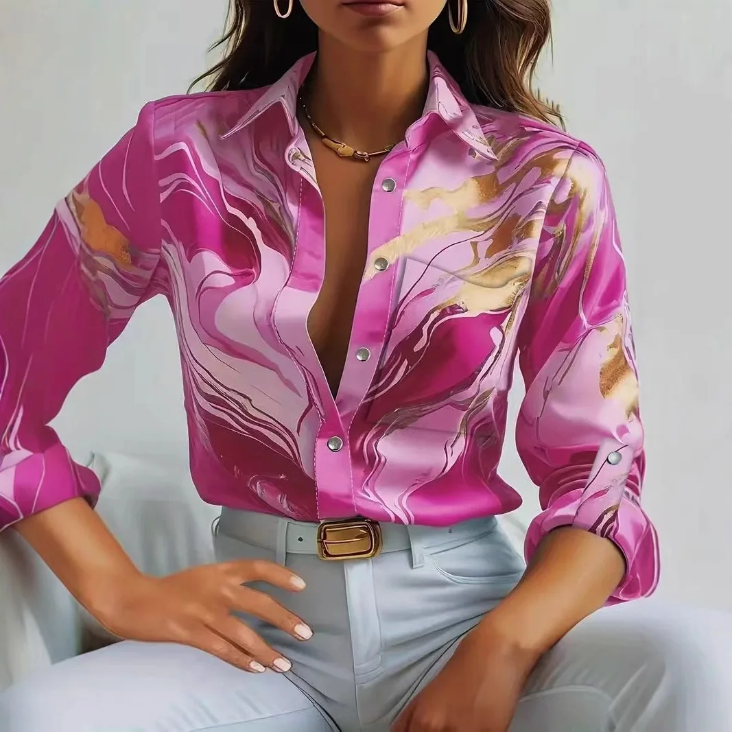 Print Shirt Women Top Single Breasted Turn Down Collar Full Sleeve Pocket Vintage Blouse Autumn Office Lady Overshirt 2025 - Image 2