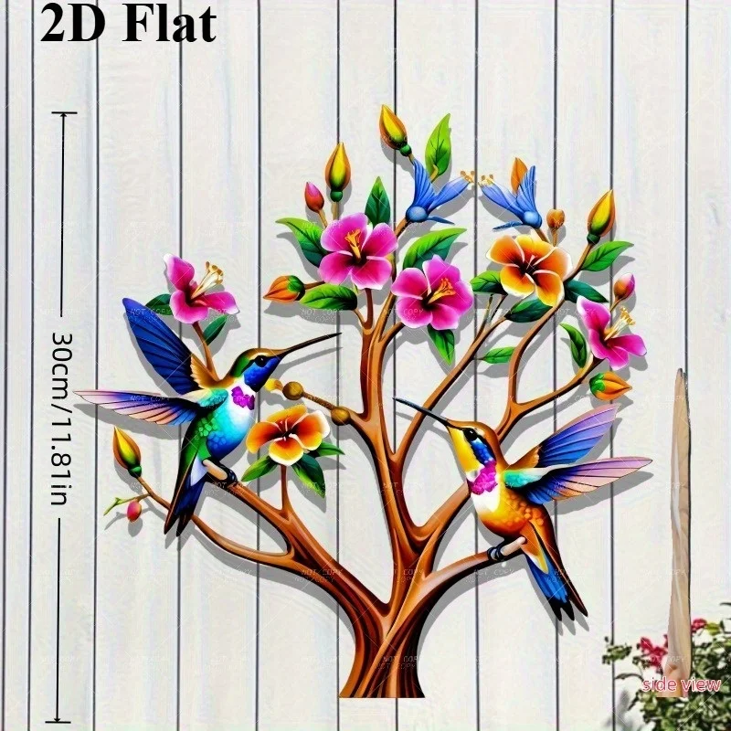 CIFBUY Metal Wall Decor, 2D Flat Cutout Hummingbirds on Blossom Tree Wall Sign, Nature Garden Aluminum Wall Ornament