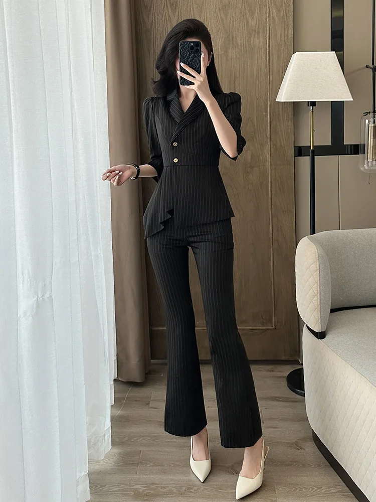 Striped women's thin blazer2025New Summer Design: Asymmetrical Commuting Formal Business Suit