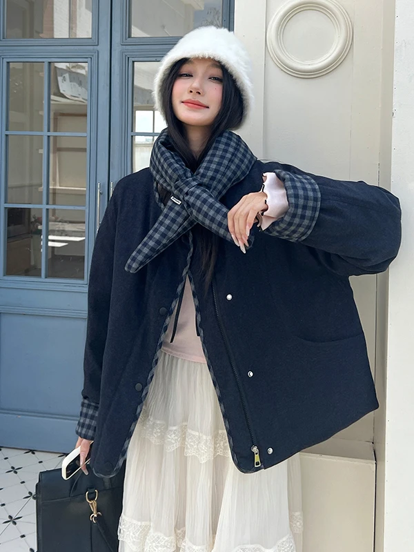 Coréen Sle couleur Blo Plaid Jaet femmes hiver nouveau Faion décontracté col montant vêtements de travail coton ort vêtements d'extérieur