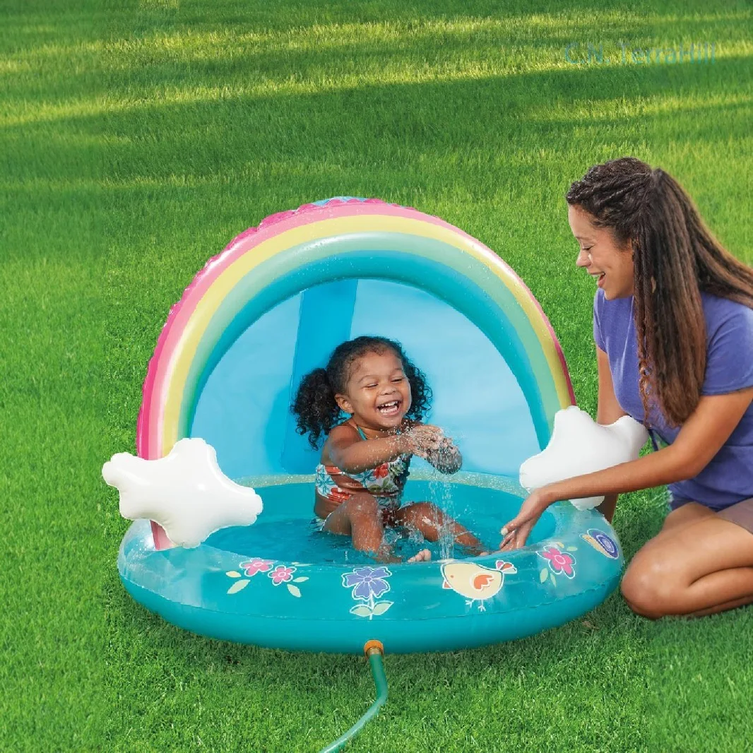 Inflatable Splash Pool for Kids with Rainbow Sprinkler, Duck Design, Toddler Water Play Center, Outdoor Summer Fun Backyard