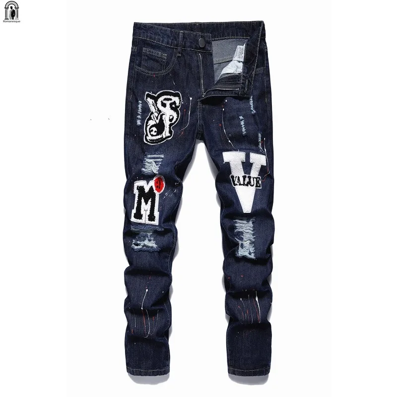 Dark Blue Splash Paint Color Matching Jeans Men Korean Fashion Casual All-match Hip Hop Straight Denim Pants Streetwear