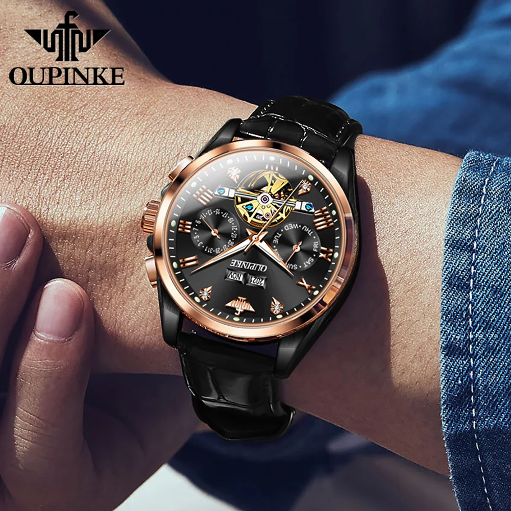 OUPINKE 3186 Multifunctional Men's Watch Original Leather Strap Flywheel Skeleton Waterproof Automatic Mechanical Watch