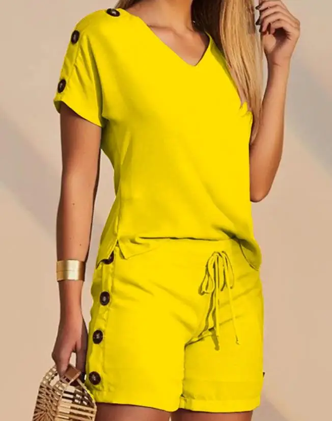 2023 Spring/summer New Hot Selling Fashion Casual Women\'s Solid Color T-Shirt and Drawstring Shorts Set