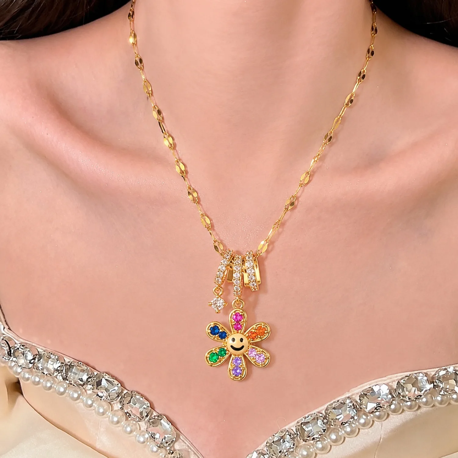 Trendy Long Pendant Necklace Aesthetic Colorful Flower Choker Y2K Style Smile Face Jewelry For Her