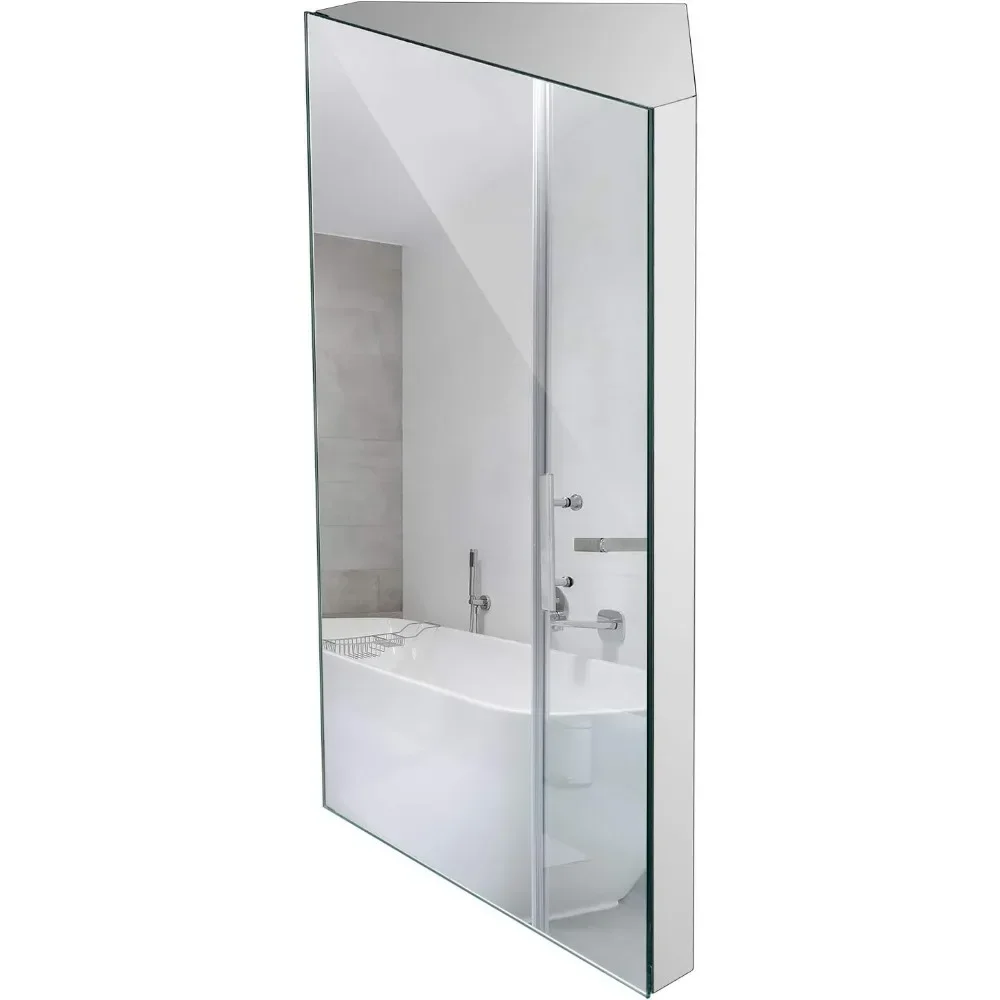 24 Inch Wall Mount Corner Medicine Cabinet with Mirror, Bathroom Wall Cabinet, Polished Stainless Steel - Left Open Mirror Door