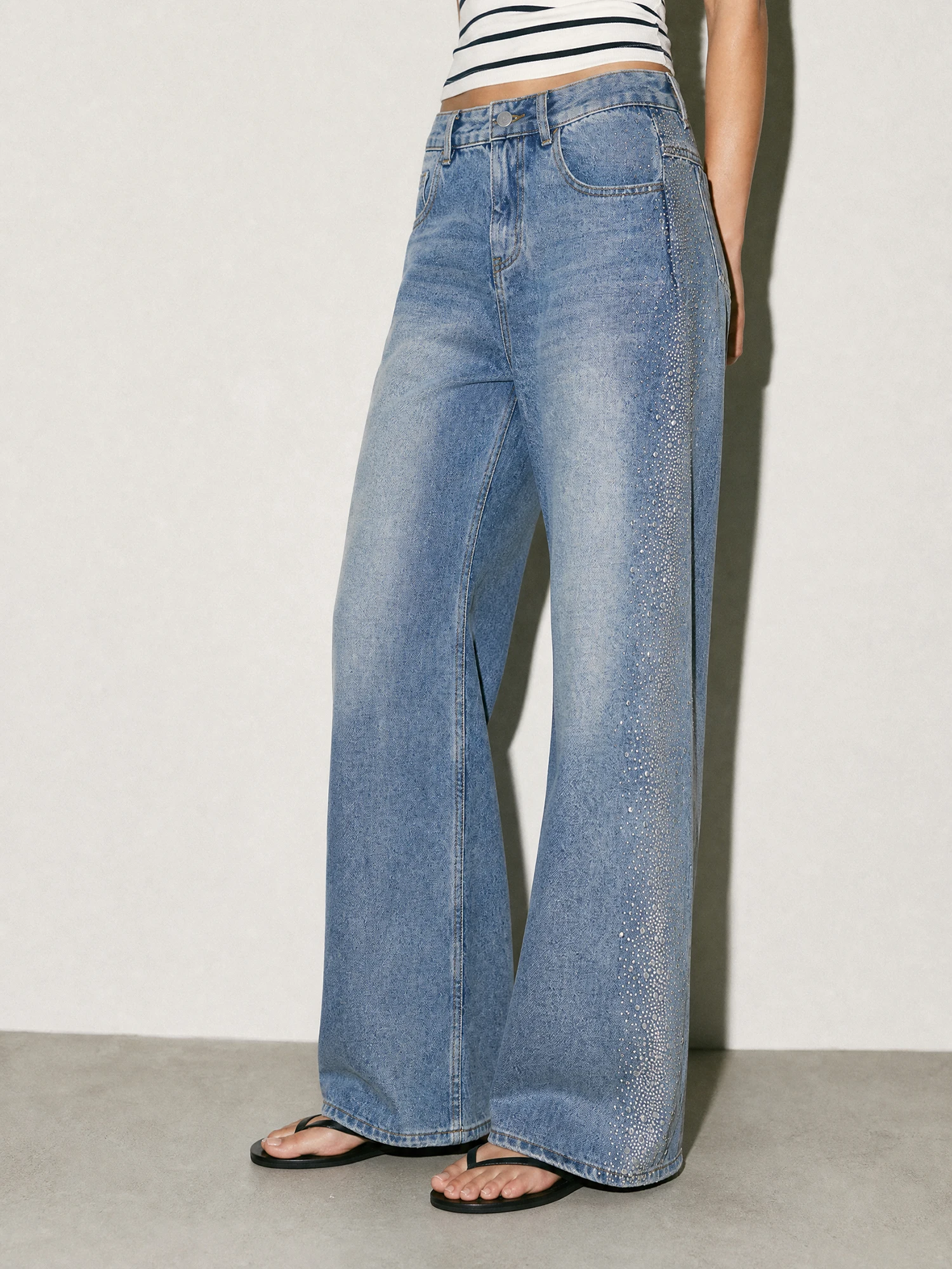 Lace Cotton Heavy Embellished Washed Straight Leg Wide Leg Jeans Sparkling Star Casual Style Natural Waist Button Closure