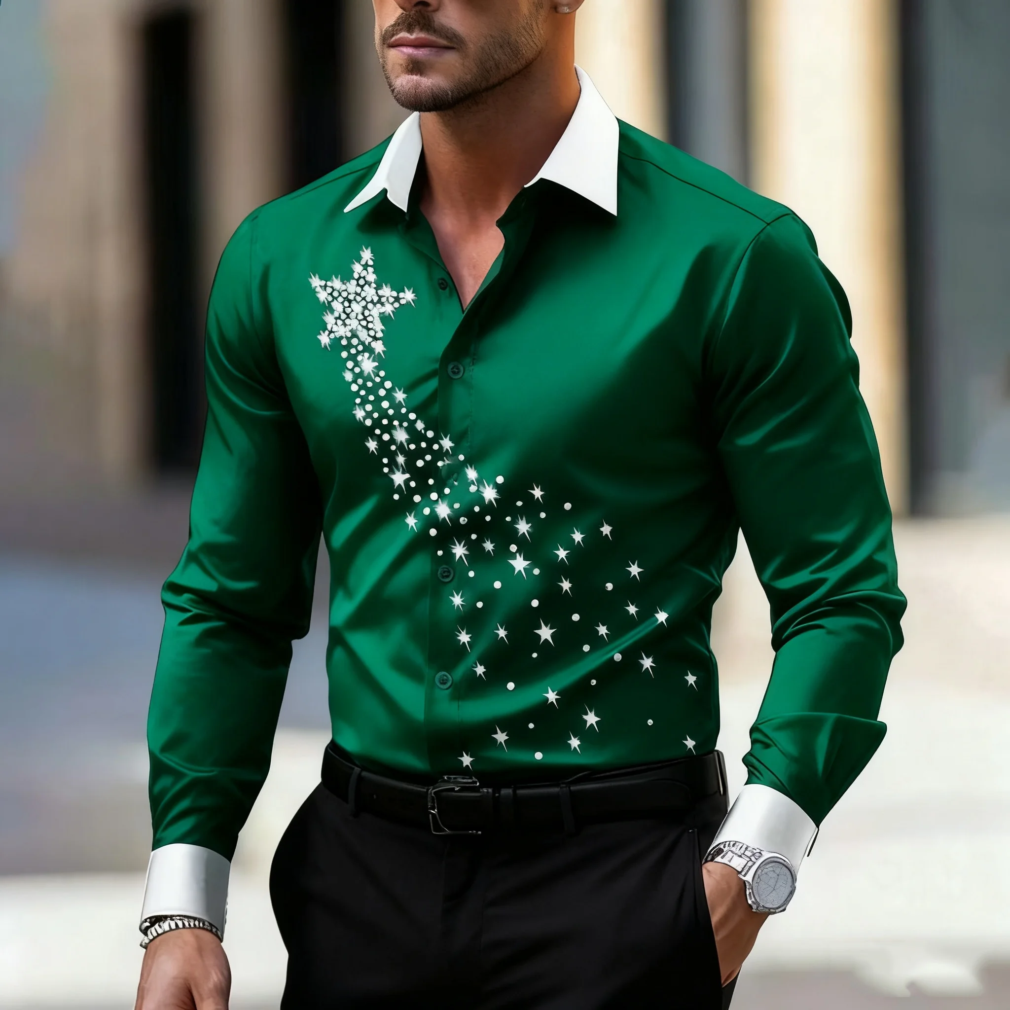 

New men's 3D printed shirt, Christmas snowflake pattern, lapel long-sleeved shirt, fashionable men's shirt.