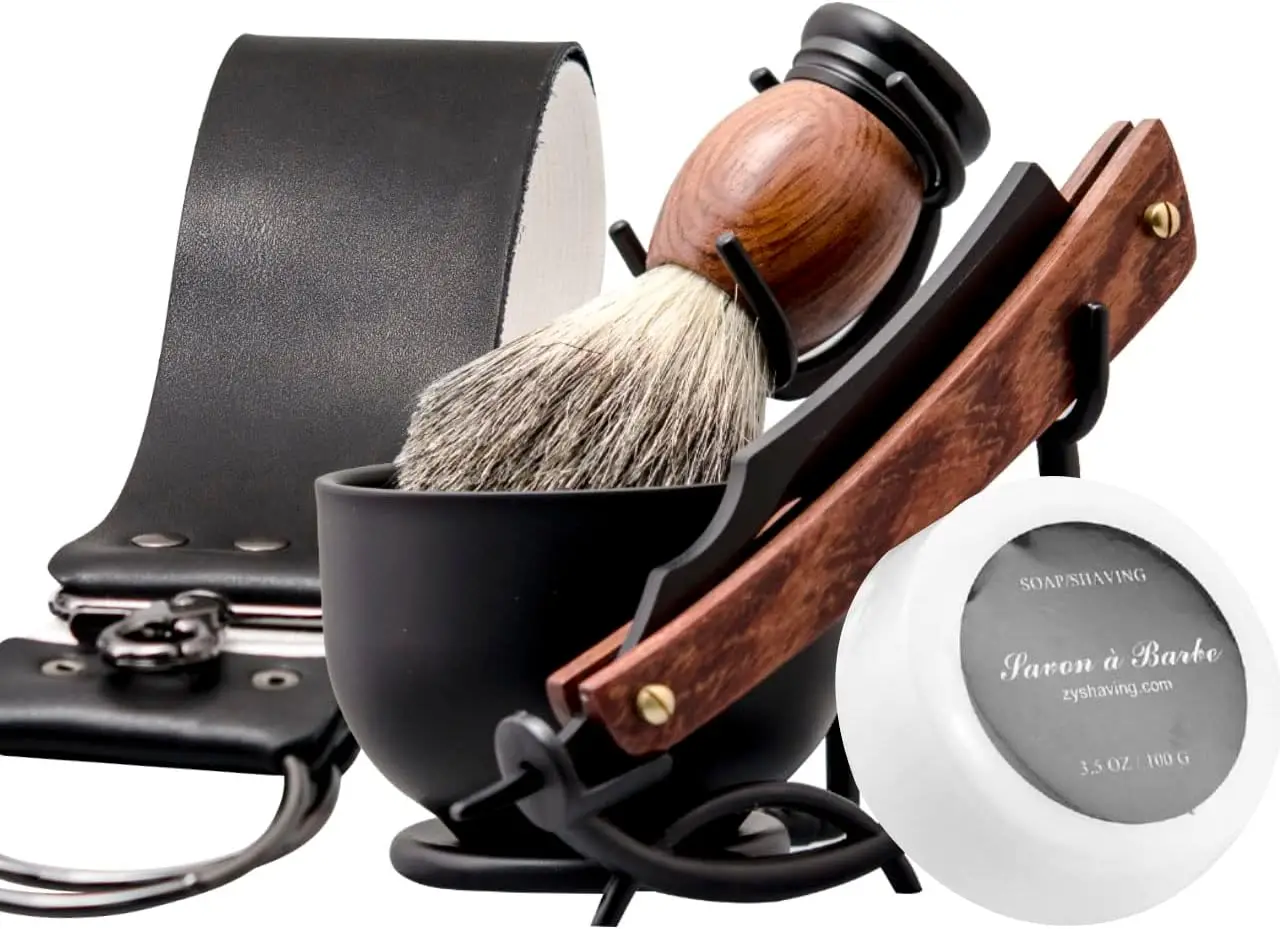 

Complete Straight Razor Shaving Kit with Leather Strop, Brush, Bowl & Soap - Ideal Gift for Men