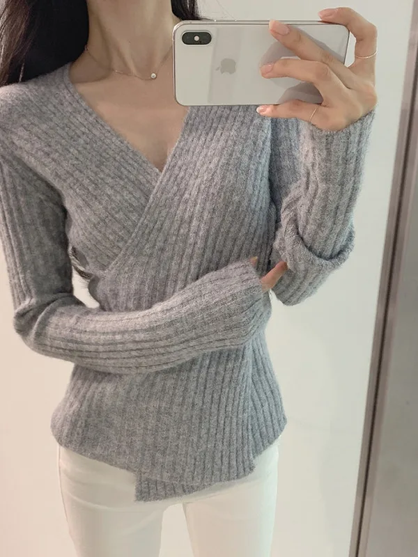 Women's Long Sve Knitted Cross Ne Design Slim Fit Autumn Winter Faionable Top Unusual Length Thiened Regular Length