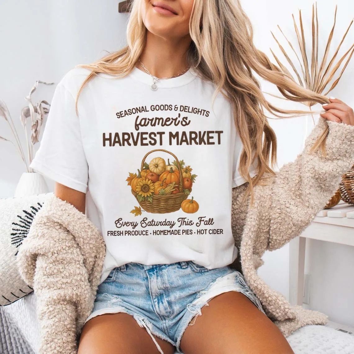 Farmer's Harvest Market Women's Graphic Cartoon T-Shirt Fall Short Sleeve Cute Casual Top Thanksgiving Fashion Versatile T-Shirt