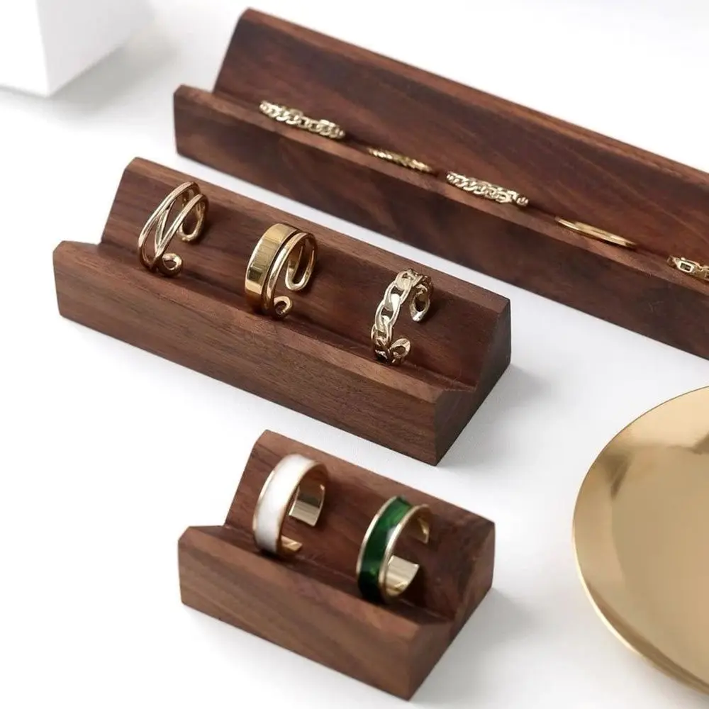 

Jewelry Display Props Walnut Wood Ring Display Rack V-Groove Vintage Flannelette Frame Holder Earring Jewelry Tray