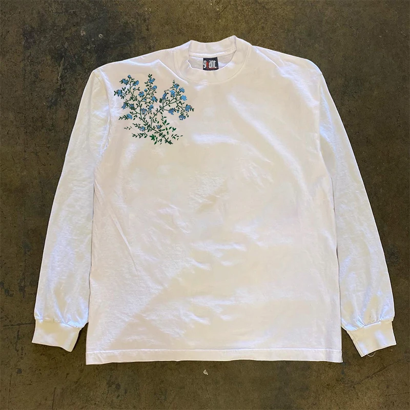 ヘビーウェイト300g純綿長袖tシャツ-アメリカンヴィンテージスタイル-花咲く枝デザイン-快適カジュアルトップス