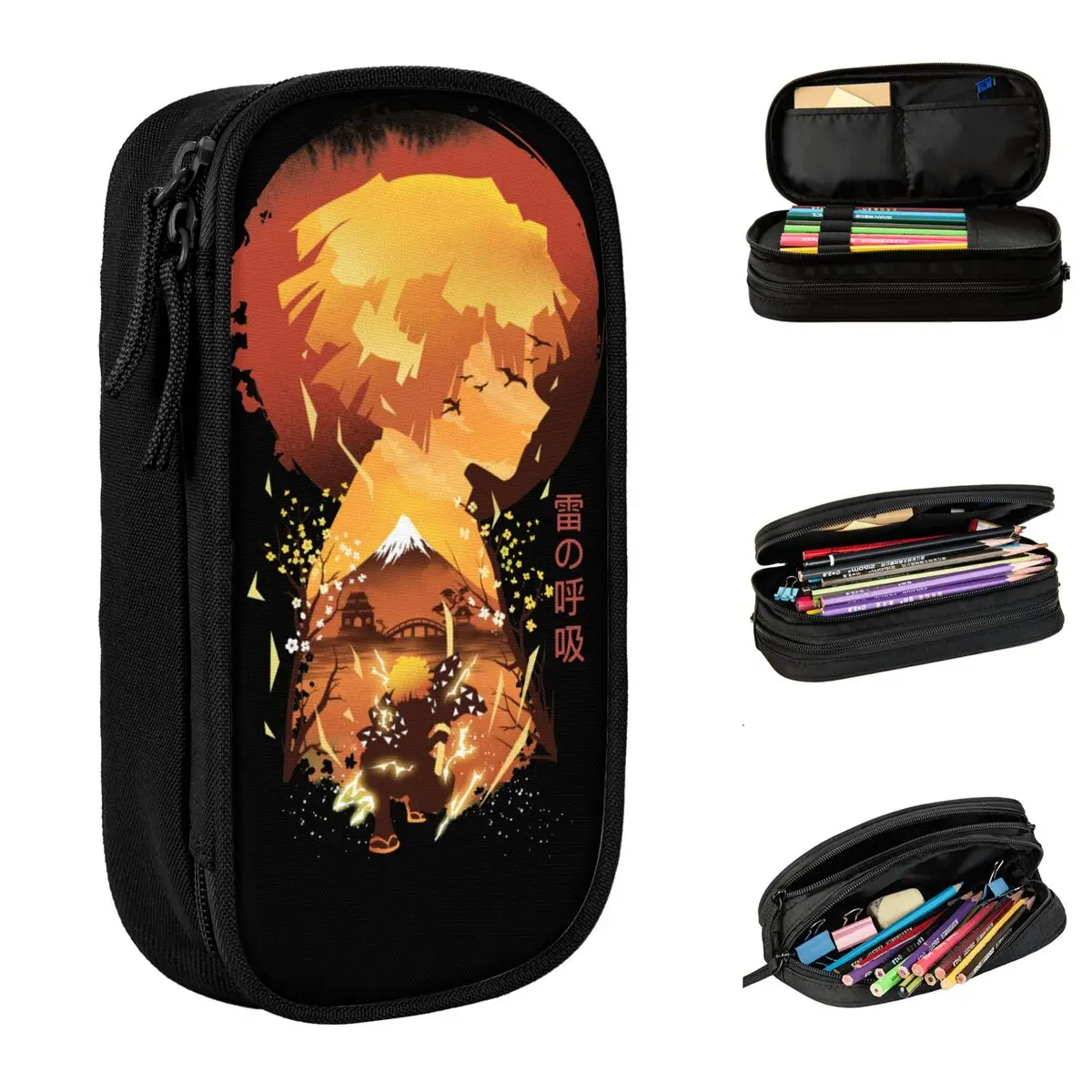 Fun Ukiyo E Breath Of Thunder Demon Slayer Pencil Cases Kamado Zenitsu Pencilcases Pen Box Large Storage Pencil Bags Stationery