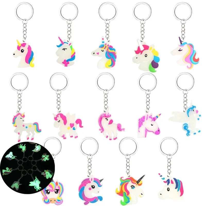 12Pcs Luminous Rainbow Unicorn Theme Keychains Backpack Pendant for Kids Birthday Party Favors Baby Shower Gift Pinata Fillers