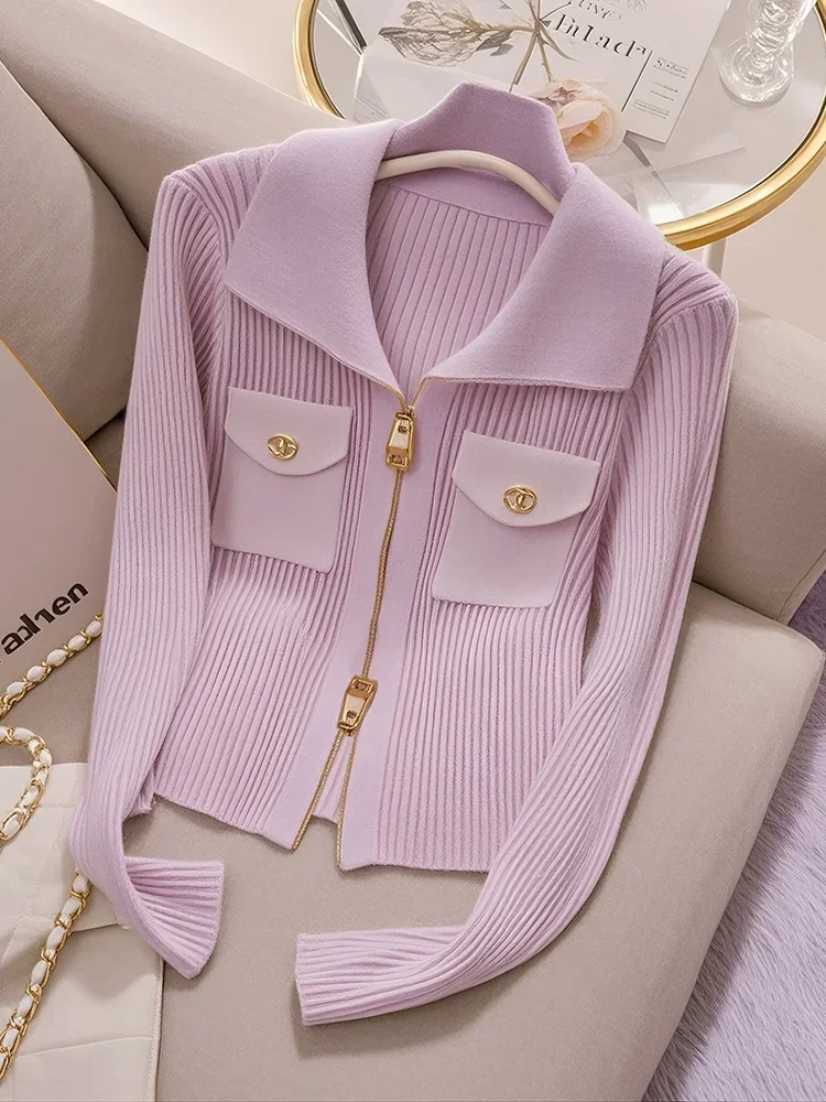 2025 moda zíper design francês rosa roxo malha cardigan para as mulheres outono novo doce emagrecimento manga longa camisola feminina topo